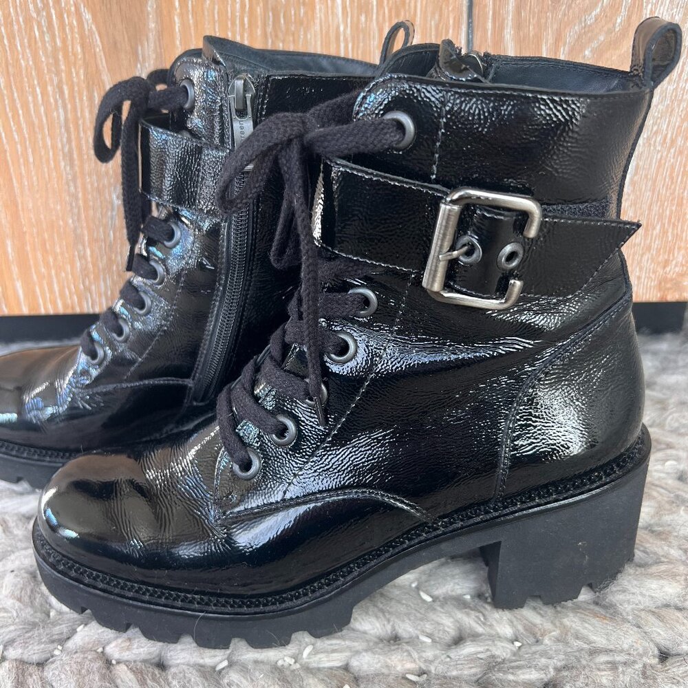 Paul Green Dynamite Black Crinkled Patent combat boots